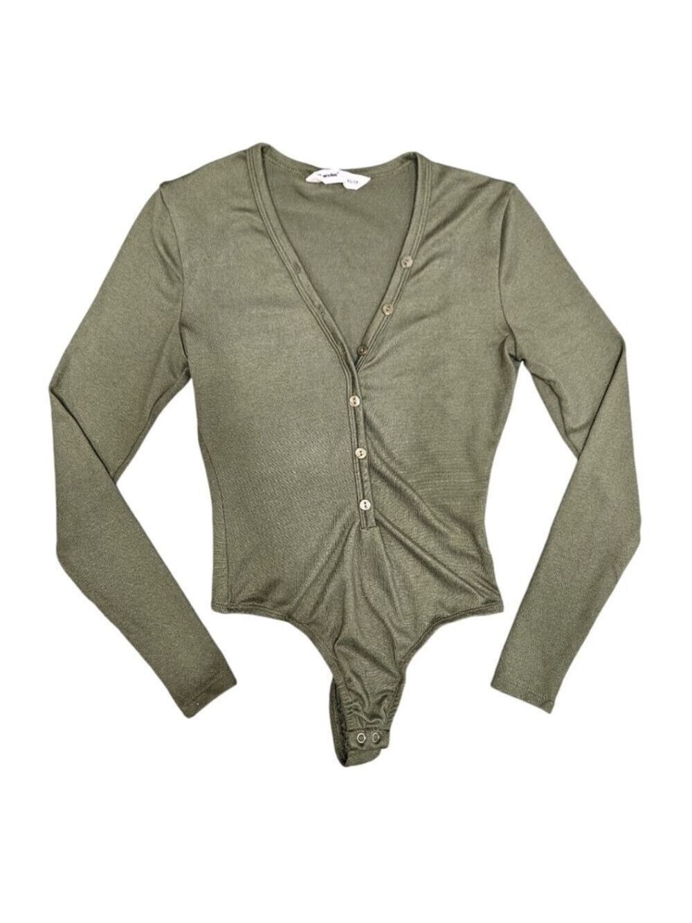 Bluenotes Women’s Long Sleeve Bodysuit - XS - Olive Green Button-Up V-Neck